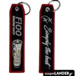 Black embroidered keychain from Highlander Promotions. Side A: F100 Engine graphic and "F100 ENGINE SHOP" text. Side B: "Simply the best" script with F-16 jet silhouettes.