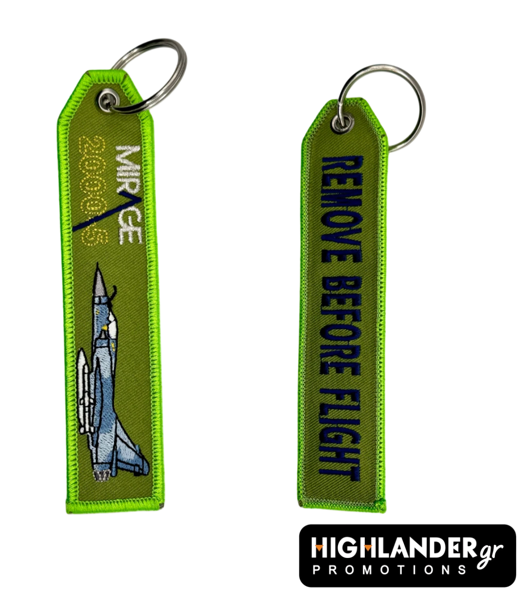 key-mirage-2000-green Olive green embroidered keychain from Highlander Promotions. Side A: Mirage 2000-5 aircraft and text. Side B: "REMOVE BEFORE FLIGHT" in dark blue lettering.