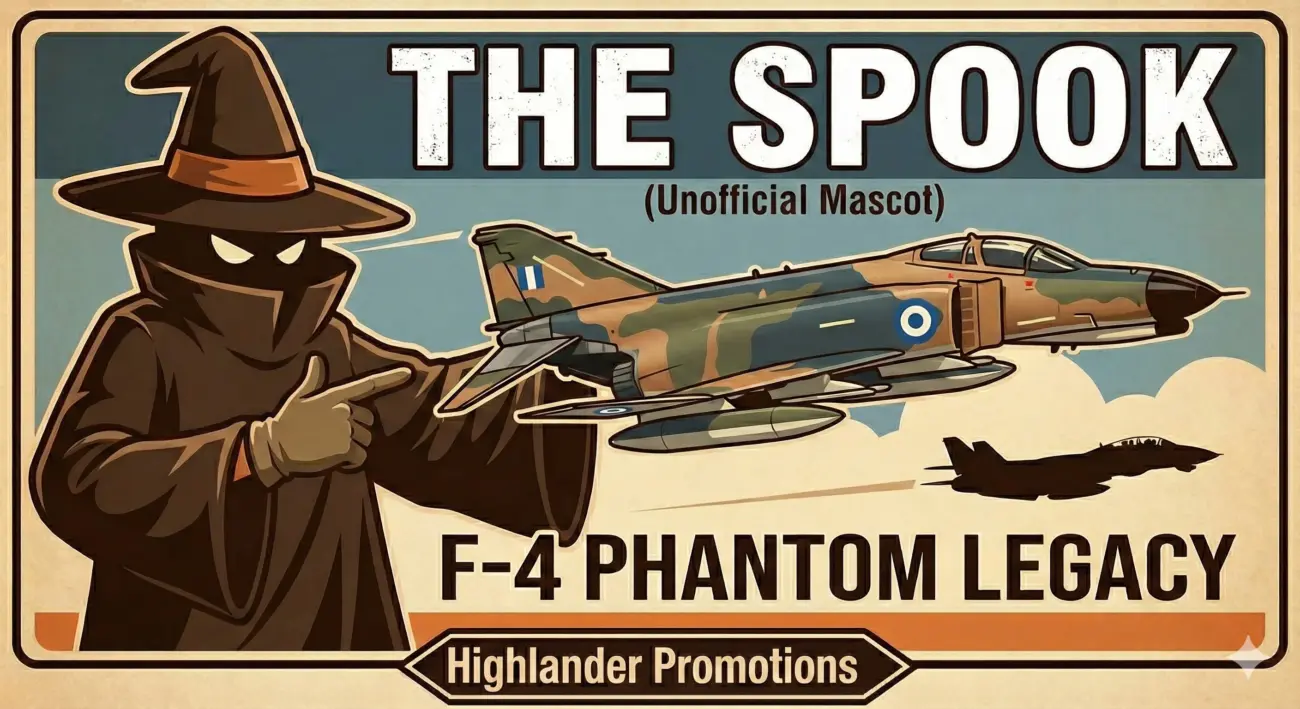 A vintage-style aviation poster for Highlander Promotions featuring "The Spook," the hooded unofficial mascot of the F-4 Phantom. The image shows a camouflage F-4 Phantom II jet with Hellenic Air Force (Greek) blue and white roundel insignia, alongside the "Phantoms Are Phorever" embroidered patch design.