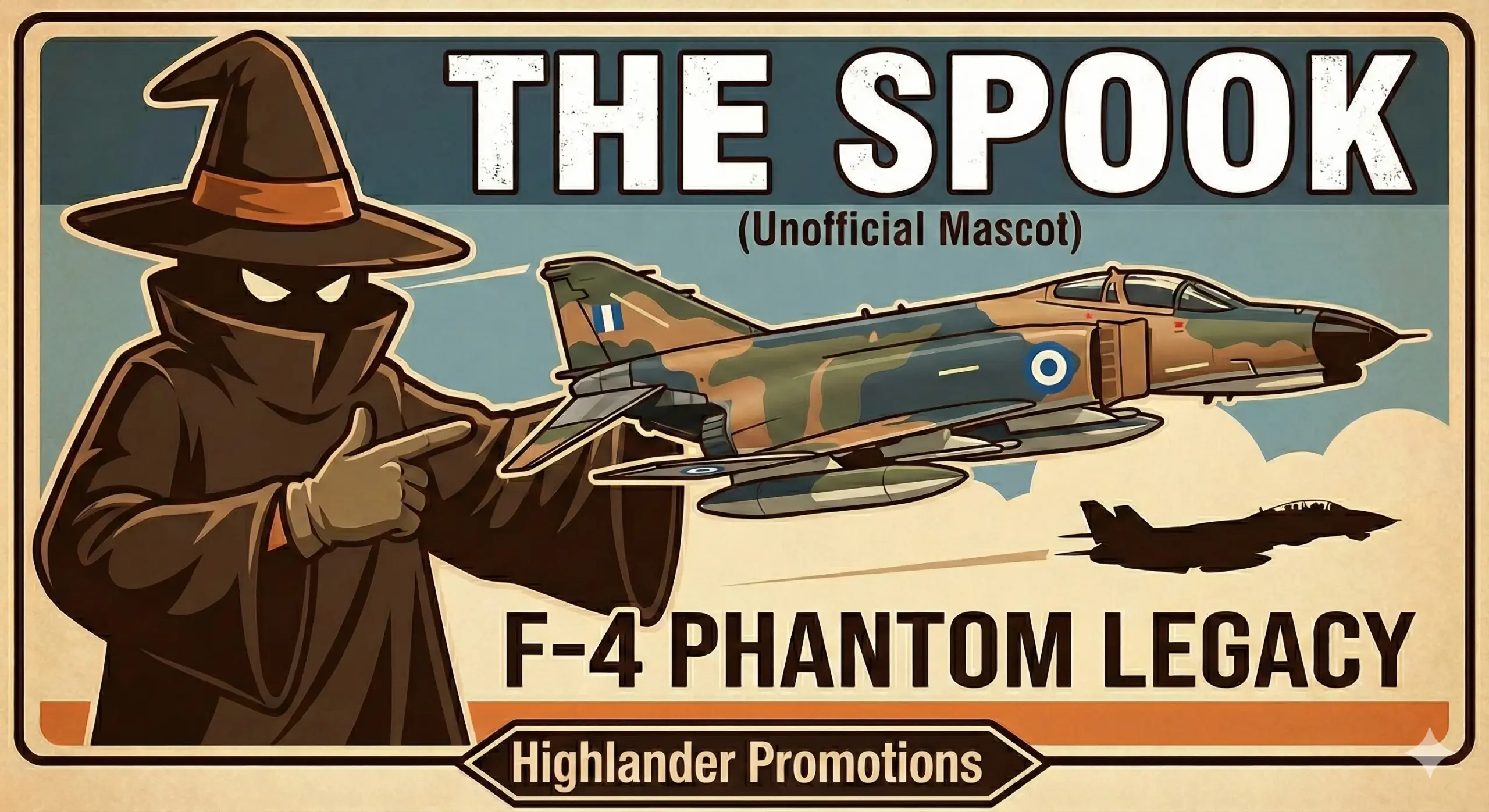 A vintage-style aviation poster for Highlander Promotions featuring "The Spook," the hooded unofficial mascot of the F-4 Phantom. The image shows a camouflage F-4 Phantom II jet with Hellenic Air Force (Greek) blue and white roundel insignia, alongside the "Phantoms Are Phorever" embroidered patch design.
