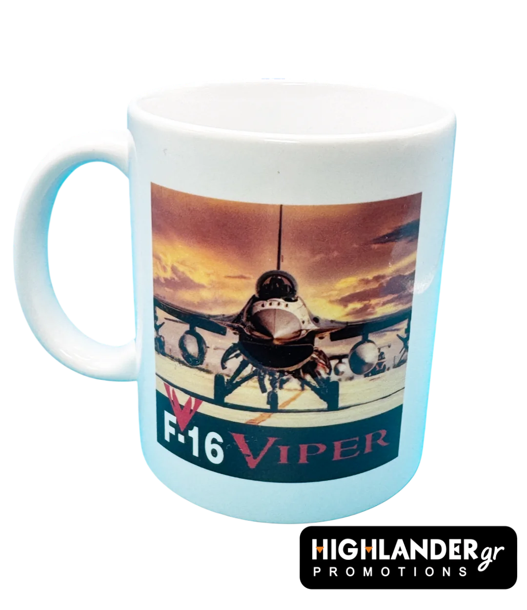 mug-f-16-viper This premium ceramic mug features the legendary F-16 Viper fighter jet in a striking sunset takeoff pose. Crafted from durable ceramic, it's a must-have item for pilots, veterans, and aviation fans to elevate their coffee experience.