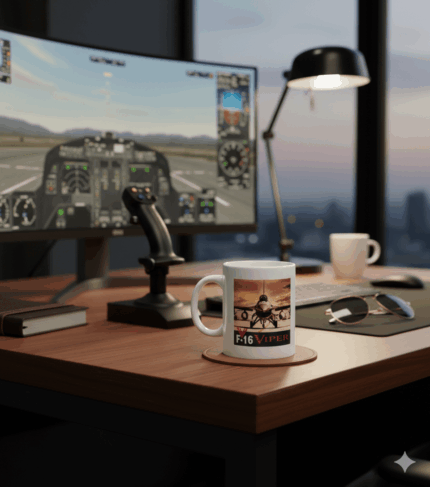 F-16 Viper Fighter Jet Premium Ceramic Mug on desk