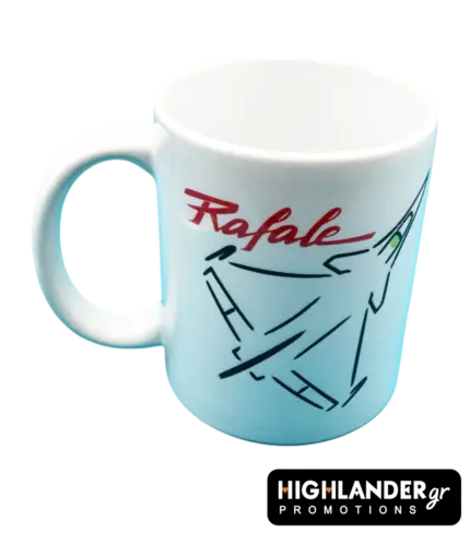 A white ceramic mug featuring a minimalist black line-art drawing of a Rafale fighter jet and the word 'Rafale' written in red cursive.