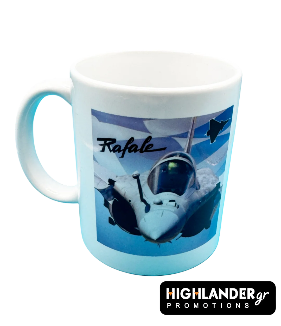 mug-rafale-flag A white ceramic mug featuring a Rafale fighter jet flying in front of a blue and white Greek flag background.