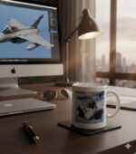 A white ceramic mug featuring a Rafale fighter jet flying in front of a blue and white Greek flag background on a desk