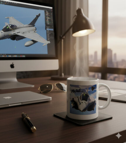 A white ceramic mug featuring a Rafale fighter jet flying in front of a blue and white Greek flag background on a desk