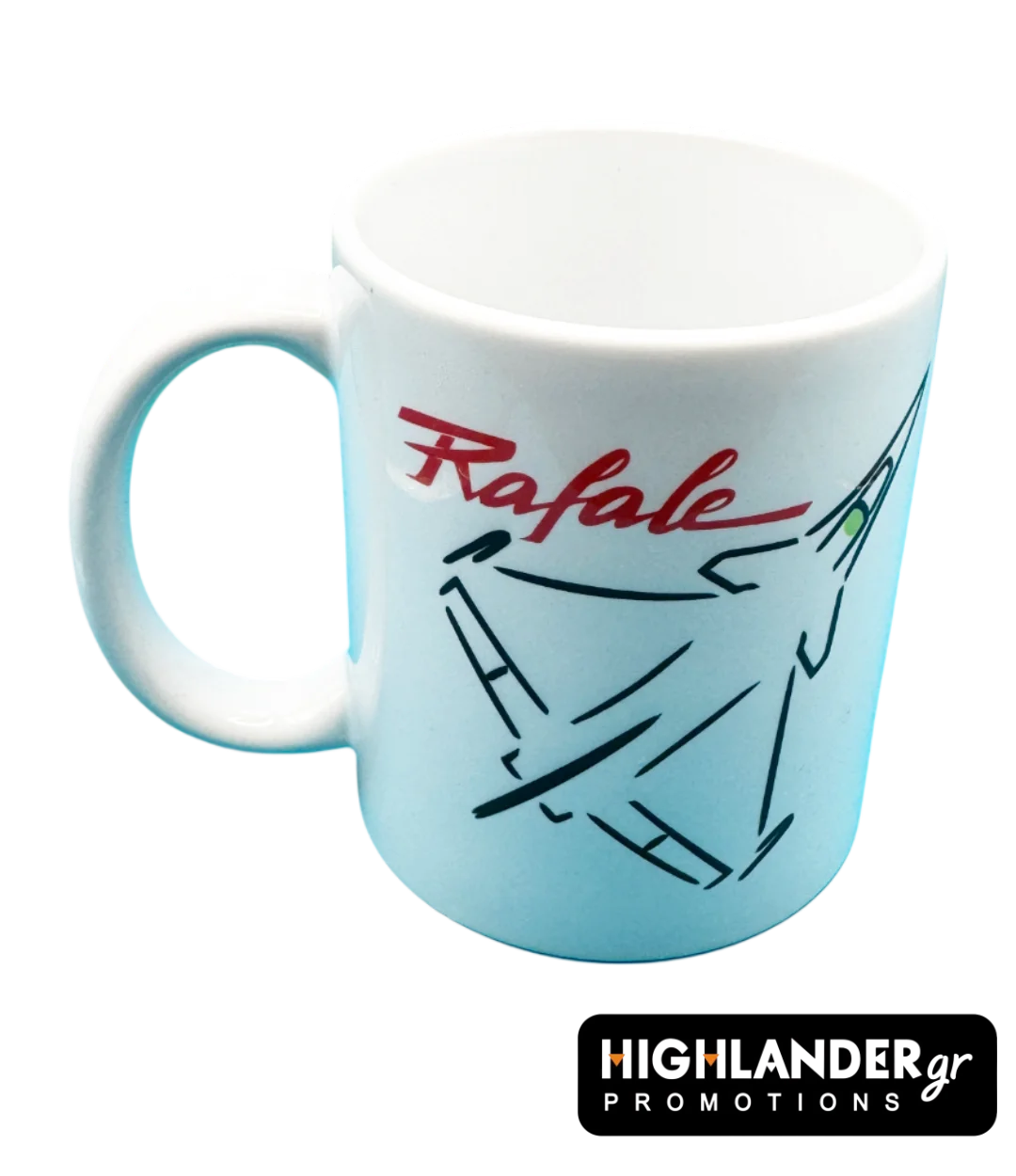 mug-rafale A white ceramic mug featuring a minimalist black line-art drawing of a Rafale fighter jet and the word 'Rafale' written in red cursive.