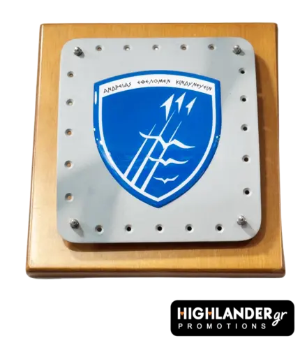 Commemorative wooden plaque with a bolted metallic plate featuring the blue 111 Combat Wing shield and Greek motto.
