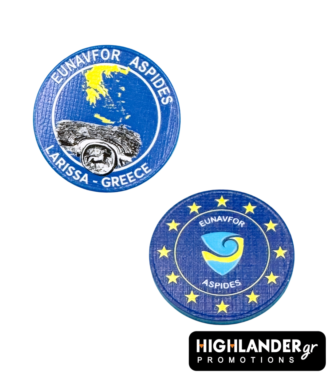 eunav This EUNAVFOR ASPIDES challenge coin commemorates the crucial international maritime mission, specifically honoring Greece as the host of the Operational Headquarters in Larissa. Side A displays the mission's official shield, while Side B features a map of Greece and the Ancient Theatre of Larissa, making it a unique collectible token of camaraderie with a textured finish.