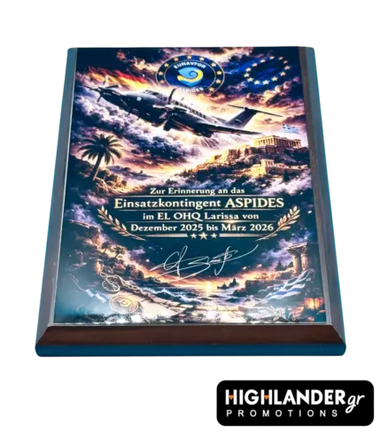 Commemorative wooden plaque for EUNAVFOR ASPIDES featuring a maritime aircraft, the Acropolis, Greek flags, and German deployment text for the Larissa OHQ.