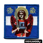 Square morale patch of Archangel Michael holding a sword, set against a blue and white Greek flag with traditional red wings.