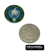Front and back view of a silver-tone MPSOTC Kilkis challenge coin with green and blue enamel details and a map of Greece.