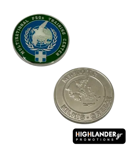 Front and back view of a silver-tone MPSOTC Kilkis challenge coin with green and blue enamel details and a map of Greece.