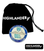 Back view of the silver-tone HS Prometheus Hellenic Navy challenge coin with blue enamel and ship silhouette.