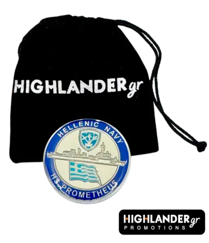 Back view of the silver-tone HS Prometheus Hellenic Navy challenge coin with blue enamel and ship silhouette.