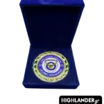 Gold-tone commemorative medallion of the Hellenic Air Force General Staff displayed in a premium blue velvet box.