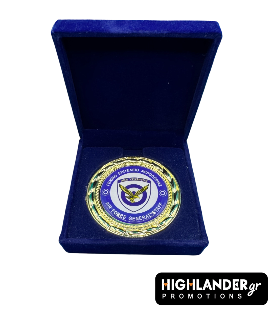 gea-velvet Gold-tone commemorative medallion of the Hellenic Air Force General Staff displayed in a premium blue velvet box.