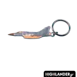 Detailed silver-tone metal keychain in the shape of a Mirage 2000-5 fighter jet with Hellenic Air Force markings.