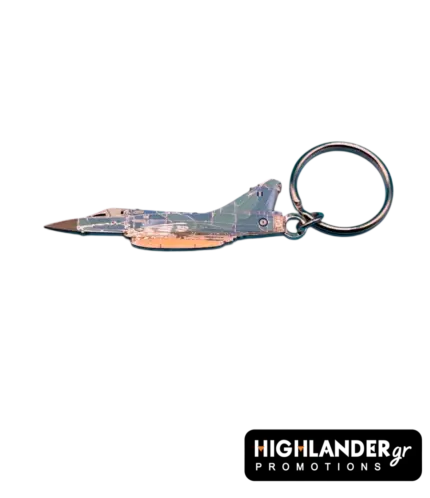 Detailed silver-tone metal keychain in the shape of a Mirage 2000-5 fighter jet with Hellenic Air Force markings.