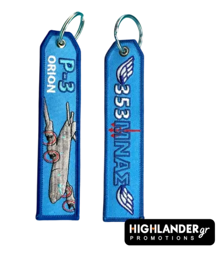Dual-sided light blue embroidered keychain. Side A shows a P-3 Orion aircraft with the text "P-3 ORION". Side B shows "353 ΜΝΑΣ" with winged trident symbols.