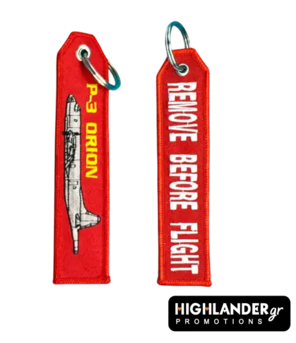 Red embroidered aviation keychain. Side A: Side-profile silhouette of a P-3 Orion with yellow text. Side B: Bold white "REMOVE BEFORE FLIGHT" text.