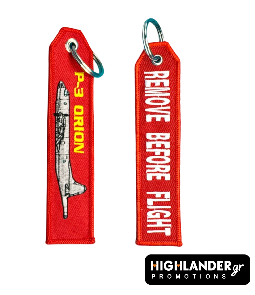 keychain p3-red Red embroidered aviation keychain. Side A: Side-profile silhouette of a P-3 Orion with yellow text. Side B: Bold white "REMOVE BEFORE FLIGHT" text.