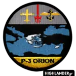 Round embroidered patch with a P-3 Orion silhouette, red trident, and winged anchor over a blue map of Greece and the Eastern Mediterranean.