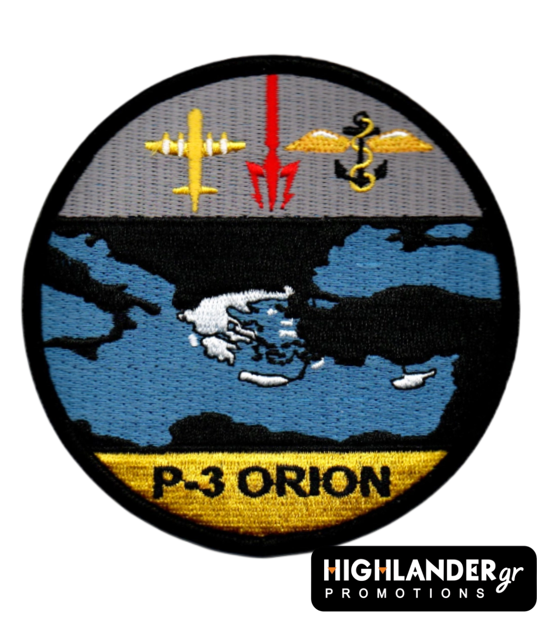 p3-orion-greece Round embroidered patch with a P-3 Orion silhouette, red trident, and winged anchor over a blue map of Greece and the Eastern Mediterranean.