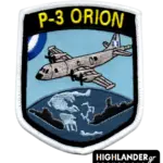 Shield-shaped embroidered patch featuring a P-3 Orion aircraft with a Greek tail flag flying over a map of the Aegean Sea and naval vessel silhouettes.