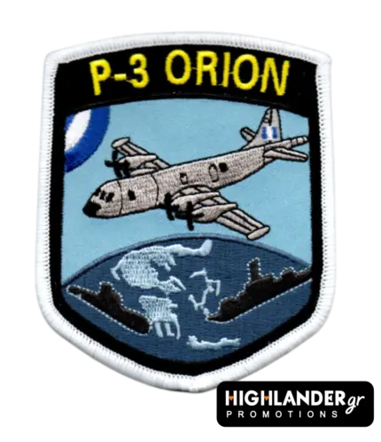 Shield-shaped embroidered patch featuring a P-3 Orion aircraft with a Greek tail flag flying over a map of the Aegean Sea and naval vessel silhouettes.