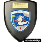 Shield-shaped wooden plaque for 337 Squadron featuring the Ghost emblem and a personalized gold-tone honorary inscription plate.