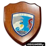Ξύλινη ασπιδόσχημη (θυρεός) τιμητική πλακέτα της 346 Μοίρας Ιάσων με το έμβλημα του γερακιού και της Αργούς.