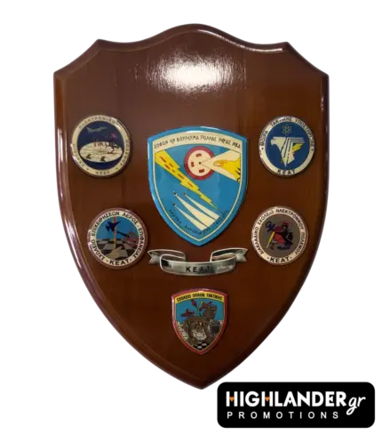 Shield-shaped wooden plaque for KEAT featuring the central Air Tactics Center emblem and subordinate schools' badges.