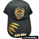 Black baseball cap with 335 Squadron Aegean Tiger embroidery, featuring a tiger head, an F-16 fighter jet, and golden claw marks.