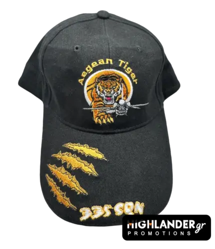 Black baseball cap with 335 Squadron Aegean Tiger embroidery, featuring a tiger head, an F-16 fighter jet, and golden claw marks.