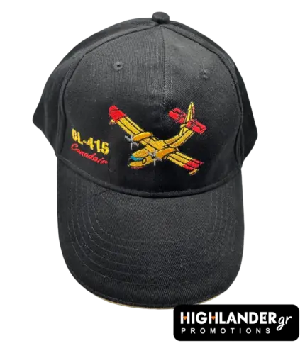 Black baseball cap with a detailed yellow and red embroidered CL-415 Canadair aircraft and "CL-415 Canadair" text.