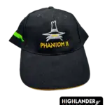 Black baseball cap featuring the embroidered F-4 Phantom II Spook character and yellow "PHANTOM II" lettering.