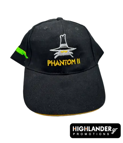 Black baseball cap featuring the embroidered F-4 Phantom II Spook character and yellow "PHANTOM II" lettering.