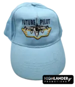 Bright red children's baseball cap featuring a white embroidered fighter jet and the text "FUTURE PILOT".