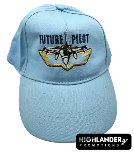Bright red children's baseball cap featuring a white embroidered fighter jet and the text "FUTURE PILOT".