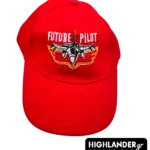 Bright red children's baseball cap featuring a white embroidered fighter jet and the text "FUTURE PILOT".