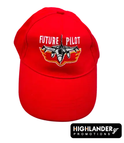 Bright red children's baseball cap featuring a white embroidered fighter jet and the text "FUTURE PILOT".