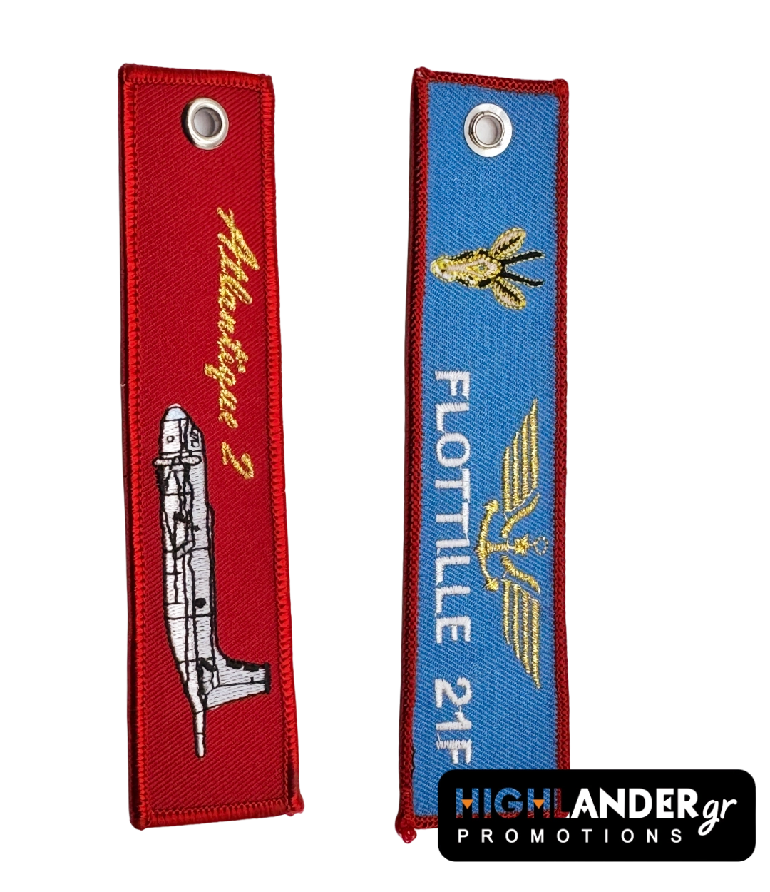 key-flottile Double-sided fabric keychain featuring the Atlantique 2 aircraft on a red background and Flottille 21F insignia on a blue background.