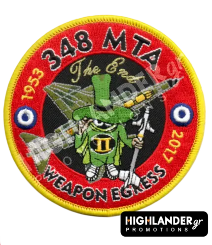 Round embroidered military patch for 348 MTA Weapon Egress featuring the F-4 Spook mascot, an RF-4E jet, and dates 1953-2017.