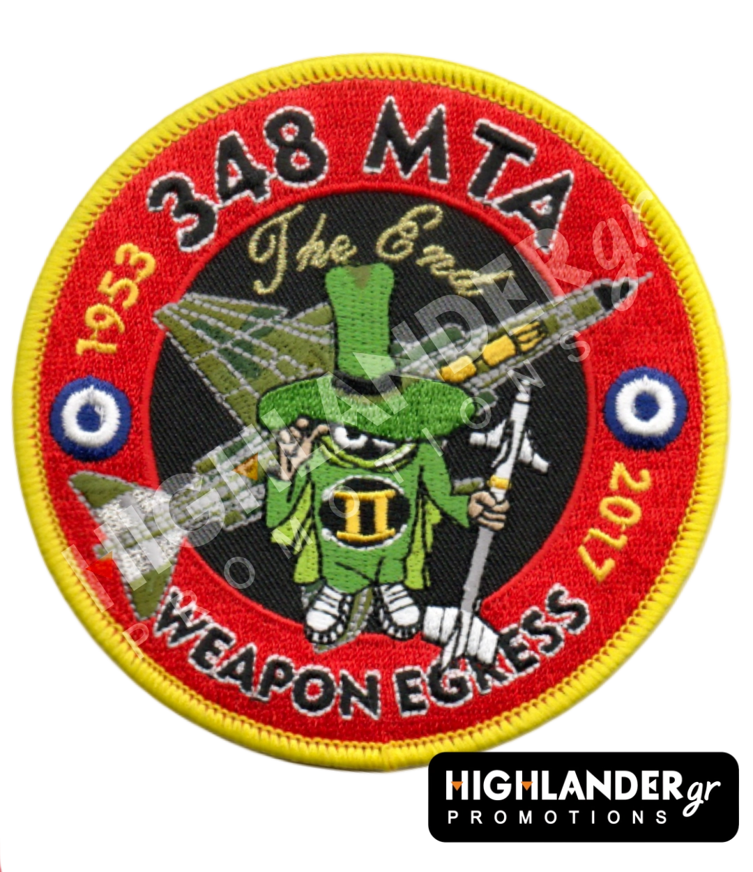 348MTA Round embroidered military patch for 348 MTA Weapon Egress featuring the F-4 Spook mascot, an RF-4E jet, and dates 1953-2017.
