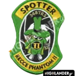Custom-shaped green and yellow embroidered patch for 348 TRS Spotters featuring the Spook mascot with a camera and "RECCE PHANTOM II" text.