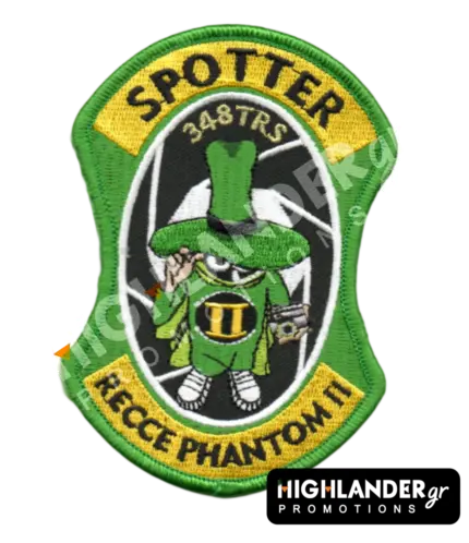 Custom-shaped green and yellow embroidered patch for 348 TRS Spotters featuring the Spook mascot with a camera and "RECCE PHANTOM II" text.