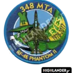 Round blue embroidered military morale patch for 348 MTA featuring a top-down RF-4E Phantom II jet, the green Spook mascot, and "EYES 1978-2017" text.