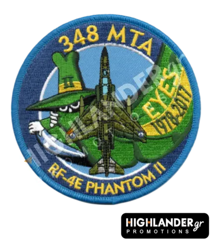 Round blue embroidered military morale patch for 348 MTA featuring a top-down RF-4E Phantom II jet, the green Spook mascot, and "EYES 1978-2017" text.
