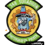 Morale patch for the 348 Squadron featuring the "Spook" mascot in blue holding a camera and wrench, with "348 SQUADRON" and "PHOTOGRAFER PHIXER" text.